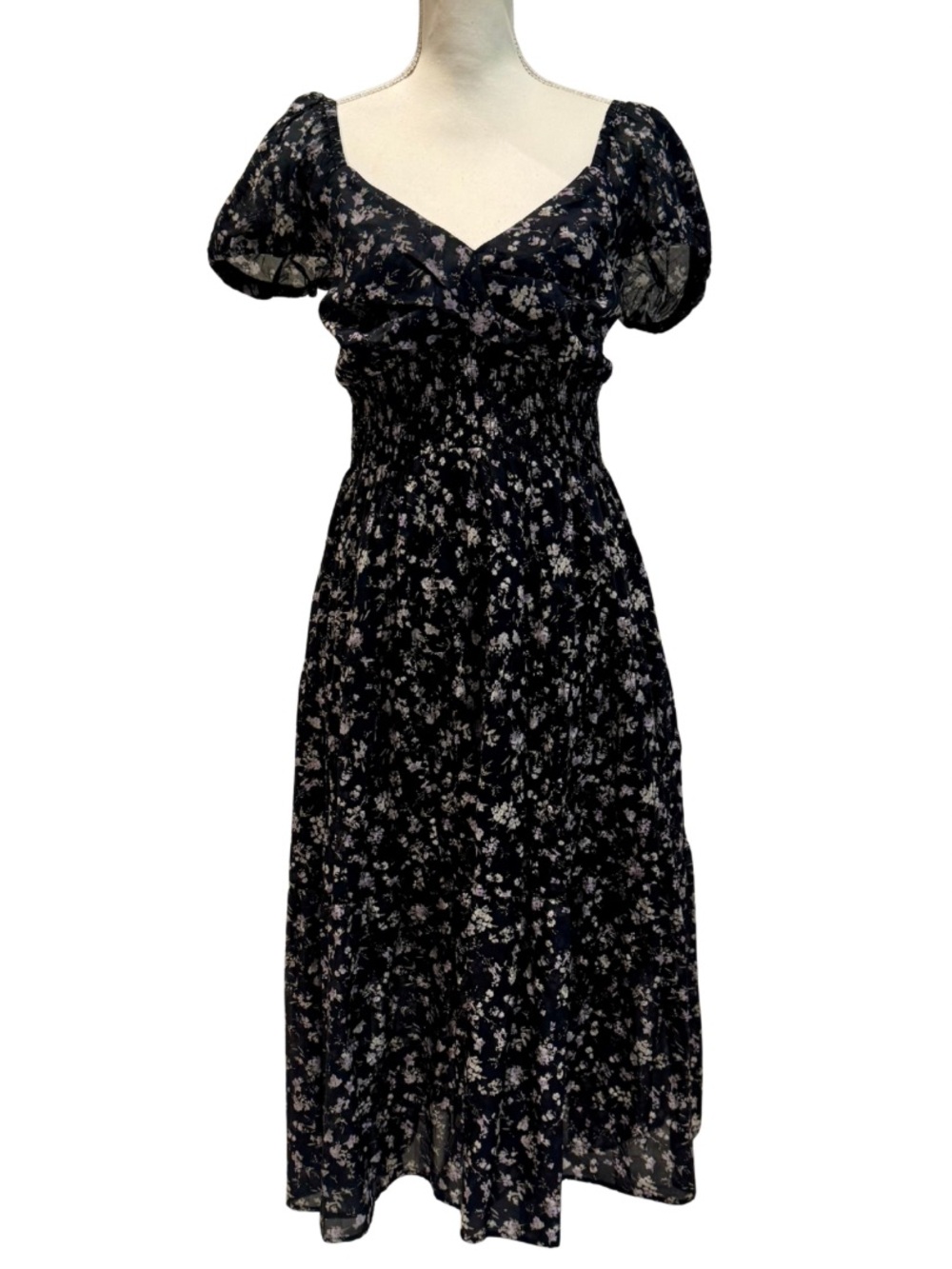 NWT MELLODAY Black Floral Puff-Sleeve Midi Dress | Smocked Waist (M)